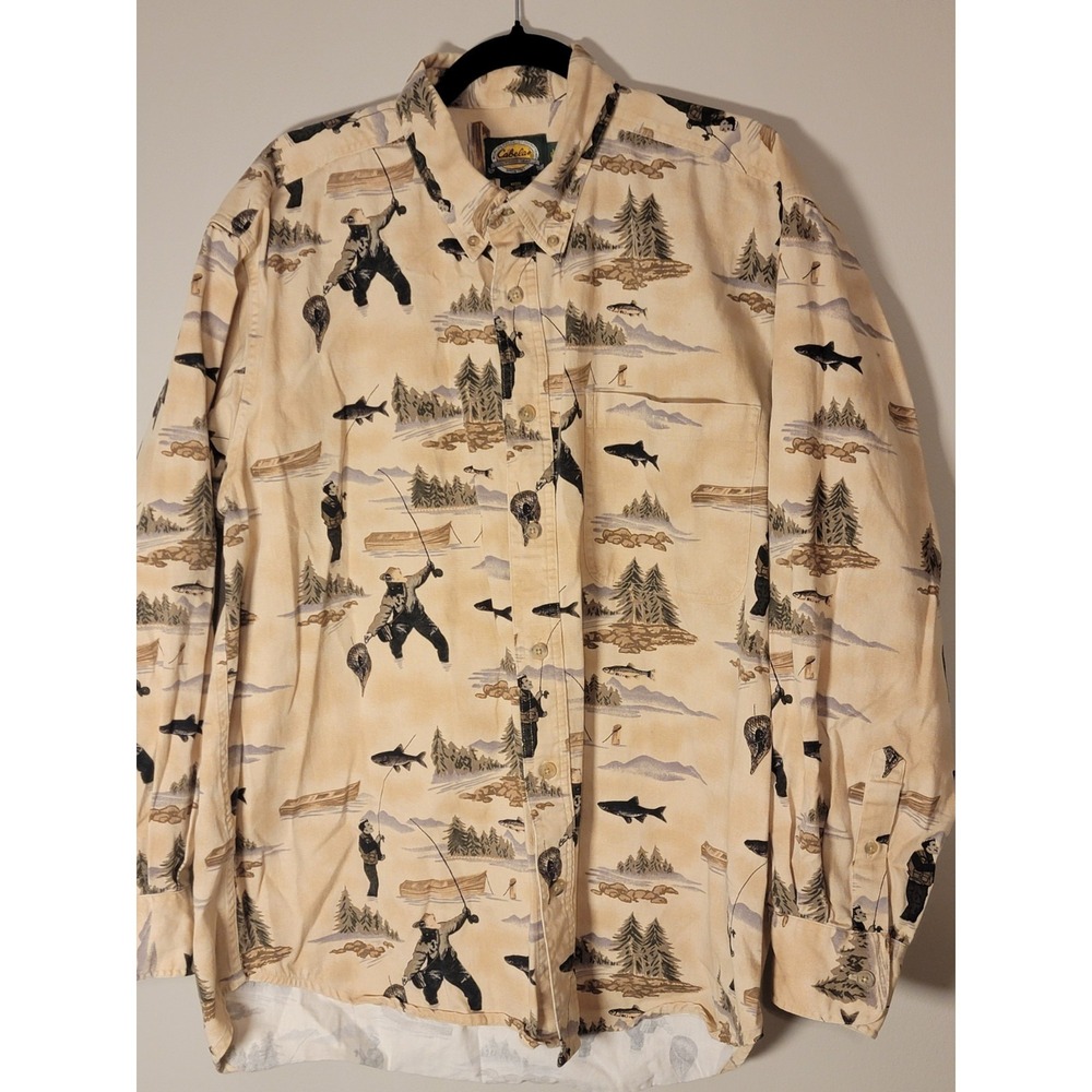 Cabellas Green Fishing Shirt Button Down Vintage Heavy Weight. Angler Size LARGE